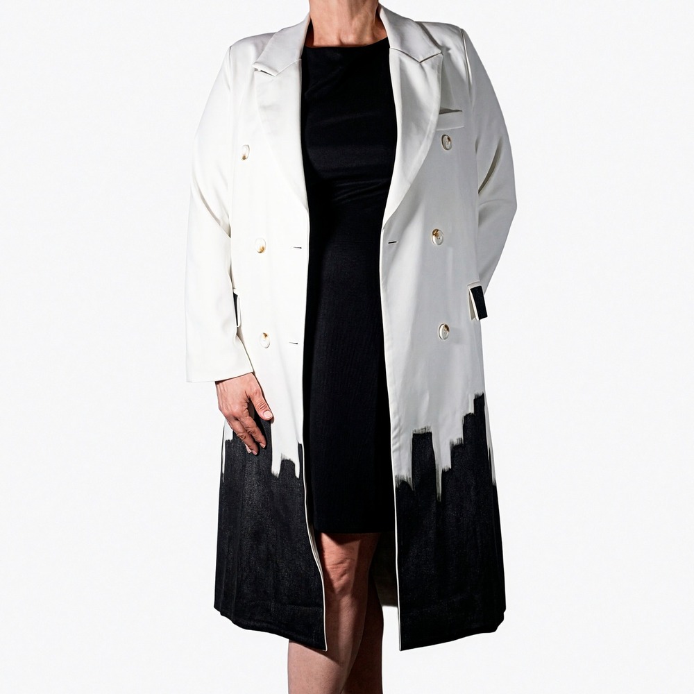Wren + Glory Hand Painted Longline Trench Blazer L 0X White Skyline Wearable Art